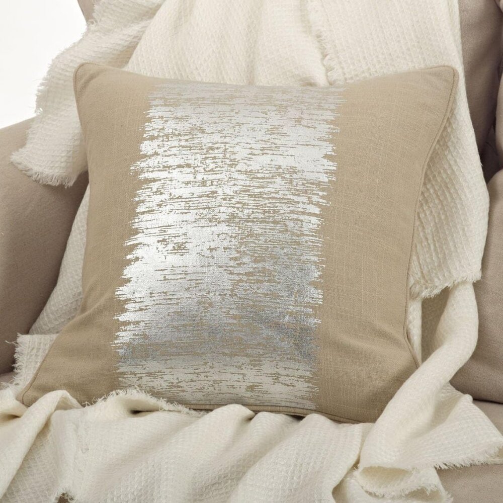 Eleni Metallic Silver Banded Design Down-Filled Cotton Throw Pillow – 20” x 20”